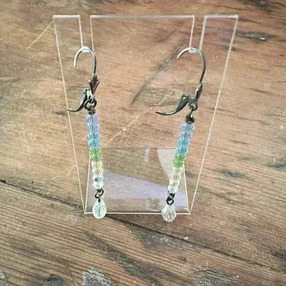 Blue, Green, White Long Drop Crystal Earrnings - Picture 2 of 5